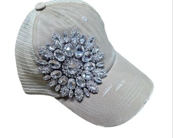 Women’s Khaki / Light Tan "Bling" Rhinestone Baseball Cap Hat With Ponytail Hole