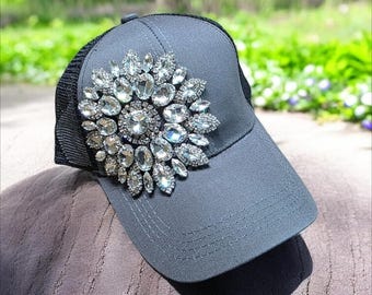 Women’s Gray with Black Mesh Back "Bling" Rhinestone Baseball Cap with Ponytail Hole