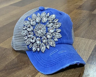 Women’s Blue & Beige Mesh Distressed Rhinestone Baseball Cap Hat With Ponytail Hole