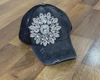Women’s Black with Black Distressed Mesh Back "Bling" Rhinestone Baseball Cap with Ponytail Hole