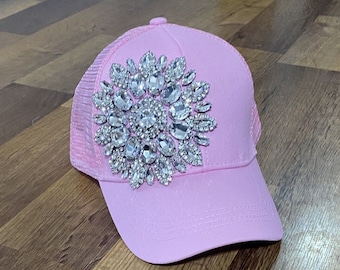 Women’s Bright Pink With Pink Mesh Back "Bling" Rhinestone Baseball Cap With Ponytail Hole