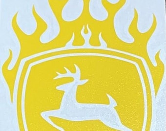 Yellow John Deere Flames Decal Sticker 4" x 5.25"