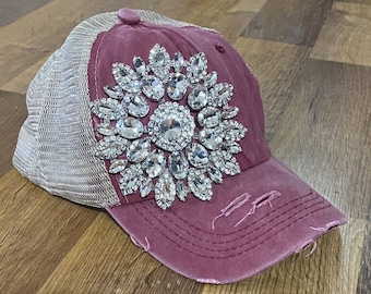 Women’s Red Distressed Wore & Beige Mesh "Bling" Rhinestone Baseball Cap With Ponytail Hole