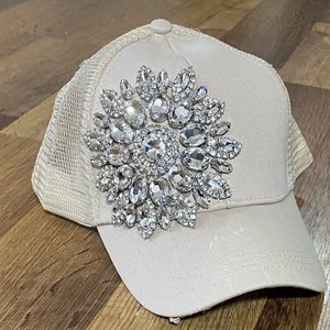 Women’s Beige With Beige Mesh Back &quot;Bling&quot; Rhinestone Baseball Cap With Ponytail Hole