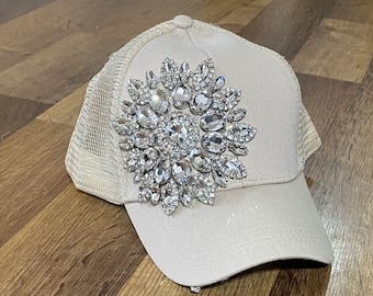Women’s Beige With Beige Mesh Back "Bling" Rhinestone Baseball Cap With Ponytail Hole