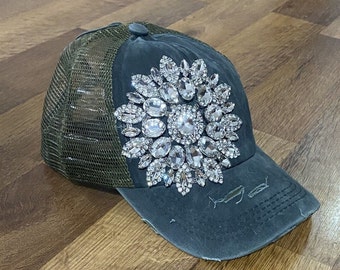 Women’s Deep Green & Hunter Green Mesh Back "Bling" Rhinestone Baseball Cap With Pony Hole