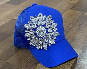 Women’s Bright Blue With Blue Mesh Back "Bling" Rhinestone Baseball Cap Hat With Ponytail Hole