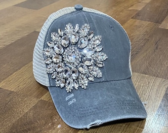 Women’s Mid Gray Distressed Wore "Bling" Rhinestone Baseball Cap Hat With Ponytail Hole
