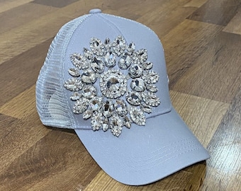 Sky Grey , Light Grey Women’s Mesh Back "bling" Rhinestone Baseball Cap Hat With Ponytail Hole