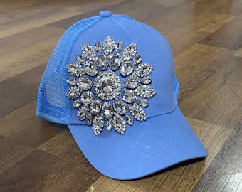 Women’s Blue With Blue Mesh Back Rhinestone Baseball Cap With Ponytail Hole