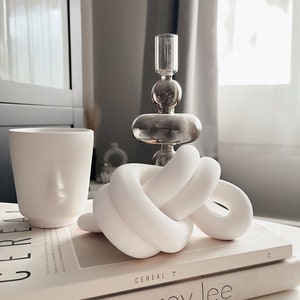 Può includere: Scultura di nodo in ceramica bianca su una pila di libri. Il libro in cima è intitolato "Cereal 18" e il libro in basso è intitolato "corey lee".