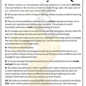 May include: A white background with black text detailing a store's policy and FAQ. The text includes information on returns, exchanges, and customer service. The title "Store Policy & FAQ" is at the top of the image.