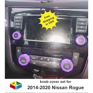 May include: A car dashboard with a black panel and purple accents. The image shows a set of purple knob covers for a Nissan Rogue, with text that reads "PUSH ON-OFF" and "PUSH DUAL". The text "Free Shipping in USA" is also visible.