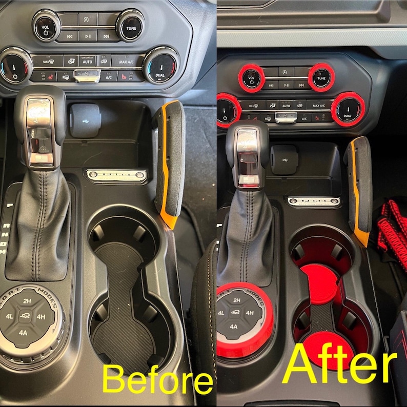 May include: Before and after comparison of car interior modifications. The "After" image shows red accents on the dashboard dials, cup holders, and gear shift dial. The "Before" image shows the original gray interior. Text in the image reads "Before" and "After".