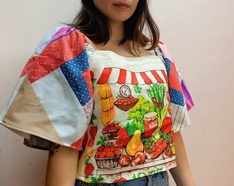 Puff Ruffle Sleeve Elastic Tea Towel Blouse Tablecloth Pure Linen Cotton Top Tie — Farmers Market Red Striped Quilted Patchwork Veggies