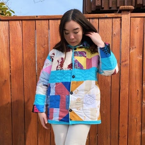 Handmade Vintage Quilt Chore Coat — Multicolored Vibrant Colorful Squares Blue Black Collared Pockets Long Sleeve Button Down Cropped Thick