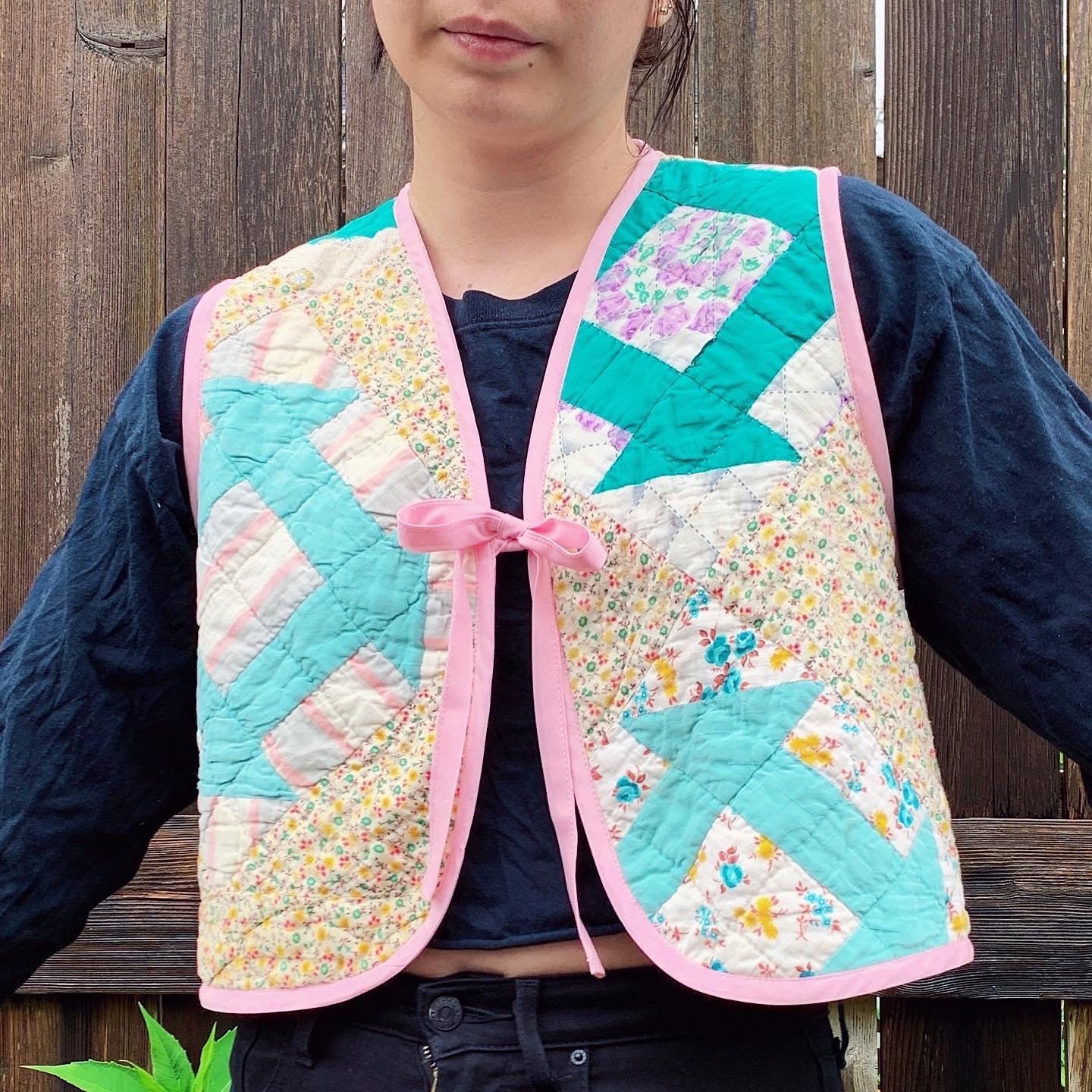 Cropped Front Tie Vest — Pink Yellow Green Upcycled Quilt Diamond