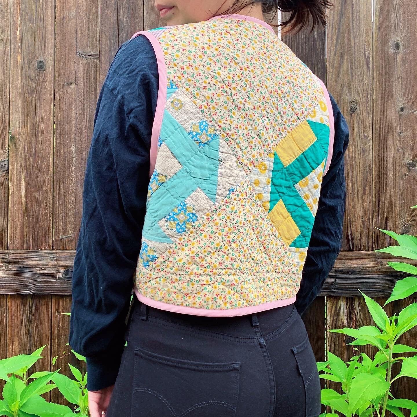 Cropped Front Tie Vest — Pink Yellow Green Upcycled Quilt Diamond