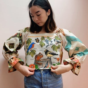 Long Puff Ruffle Sleeve Elastic Tea Towel Blouse Linen Cotton Top Tie Back — Birds Nature Forest Patchwork Quilt Birding Squirrel Calendar