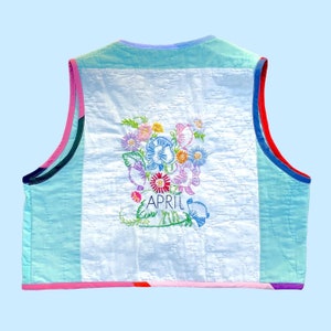 Patchwork Upcycled Quilt Vest — Mint Green White April Spring Hand Embroidered Flowers Front Tie Gender Neutral Coat Jacket Checkered
