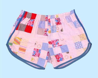 High Waisted Elasticized Unisex Upcycled Vintage 70s Retro Dolphin Gym Jogger Quilt Shorts — Blue Pink Trim Square Patchwork Reworked