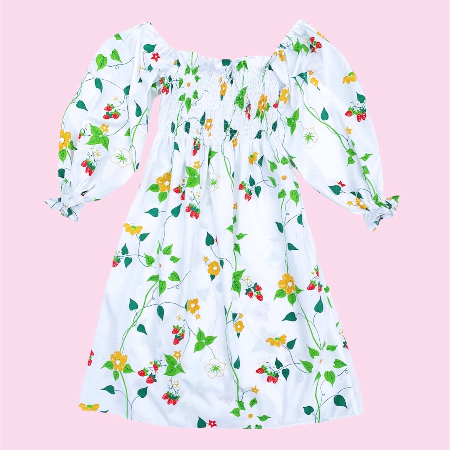 Long Ruffle Sleeve Puff Off Shoulder Rlastic Stretchy Shirred Bodice Dress -- Vintage Upcycled Strawberry Vines Flowers