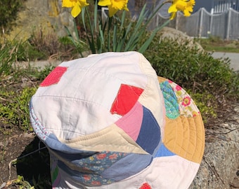 Reversible Double-Sided Bucket Floppy Sun Hat Brimmed Quilted Quilt — Patchwork Handmade Vintage Upcycled Multicolored Rose Red White