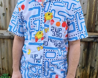 Button Up Collared Short Sleeve Mens Unisex Vacation Bowling Shirt — Nerdy Pac Man 80s Vintage Upcycled White Geek Nostalgia Gamer Boyfriend