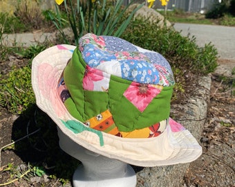 Reversible Double-Sided Bucket Floppy Sun Hat Brimmed Quilted Quilt — Patchwork Handmade Vintage Upcycled Multicolored Green Pink Cream