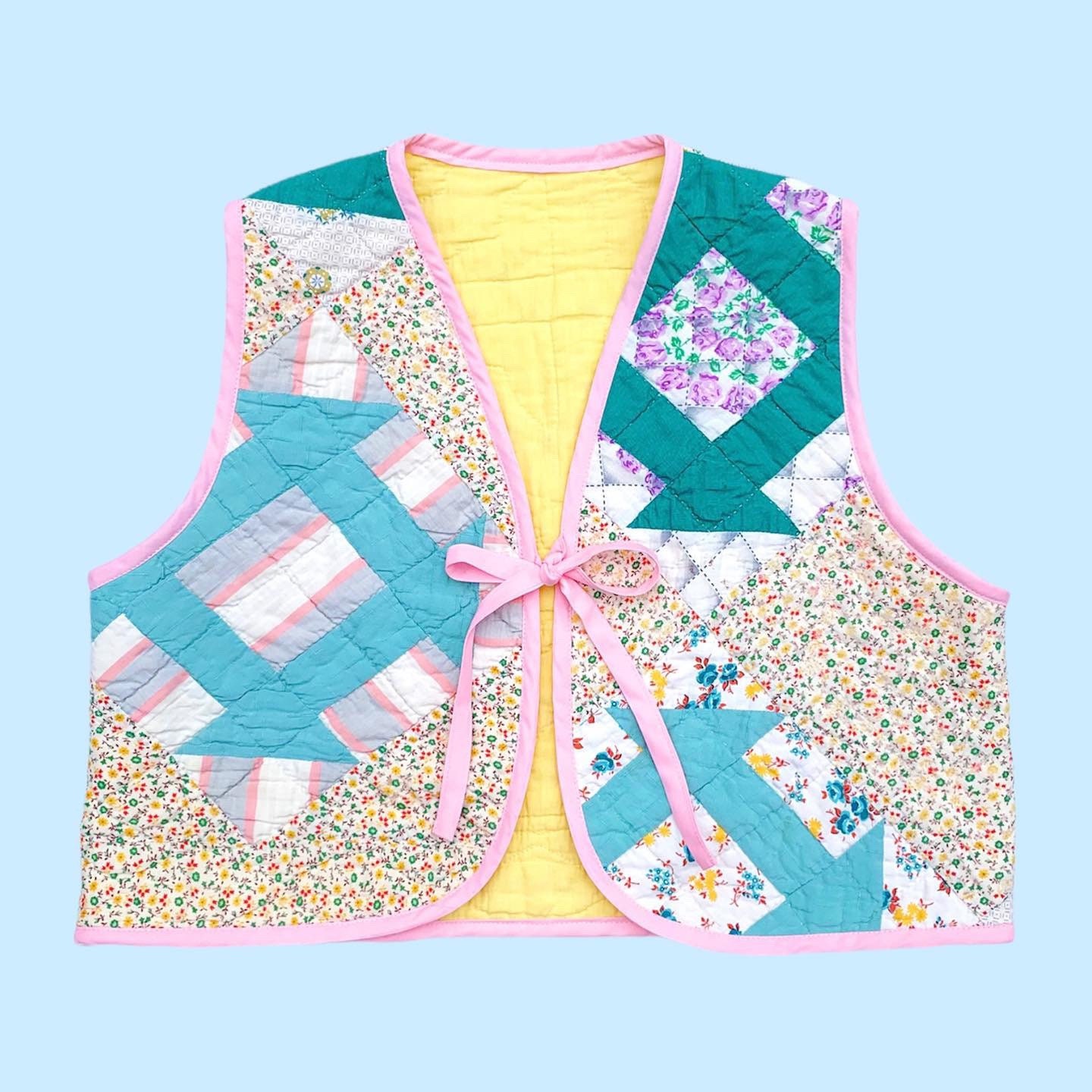 Cropped Front Tie Vest — Pink Yellow Green Upcycled Quilt Diamond