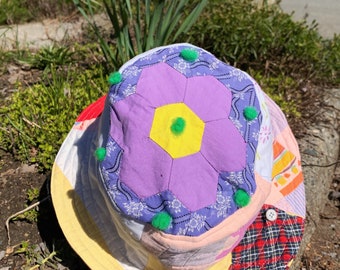 Reversible Double-Sided Bucket Floppy Sun Hat Brimmed Quilted Quilt — Patchwork Handmade Vintage Upcycled Grandmothers Garden Purple Green
