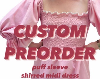 CUSTOM PREORDER — Shirred Ruffle Long Sleeve Puff Sleeve Dress