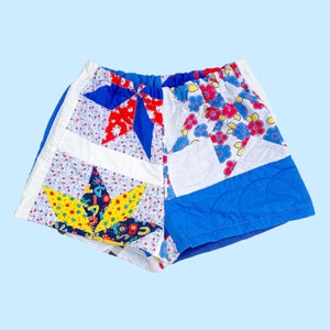 High Waisted Quilt Shorts — Eight Pointed Star Patchwork Blue White Red Handmade Upcycled Quilted Pockets Elastic