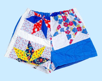 High Waisted Quilt Shorts — Eight Pointed Star Patchwork Blue White Red Handmade Upcycled Quilted Pockets Elastic