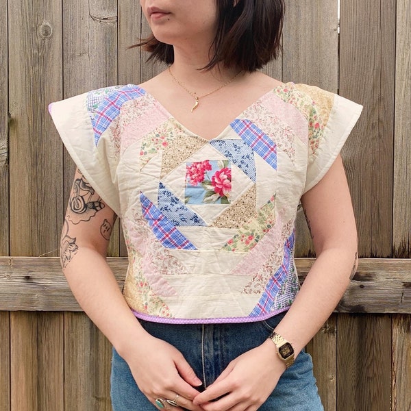 V Neck Quilted Short Sleeve Winged Crop Top — Vintage Log Cabin Patchwork Floral Cream Pastel