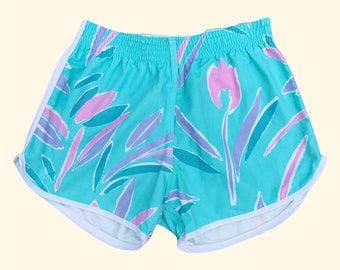 PREORDER Retro 70s Style Jogger Shorts with Elastic Waist — 80s Pink Turquoise Floral Brushstroke Print