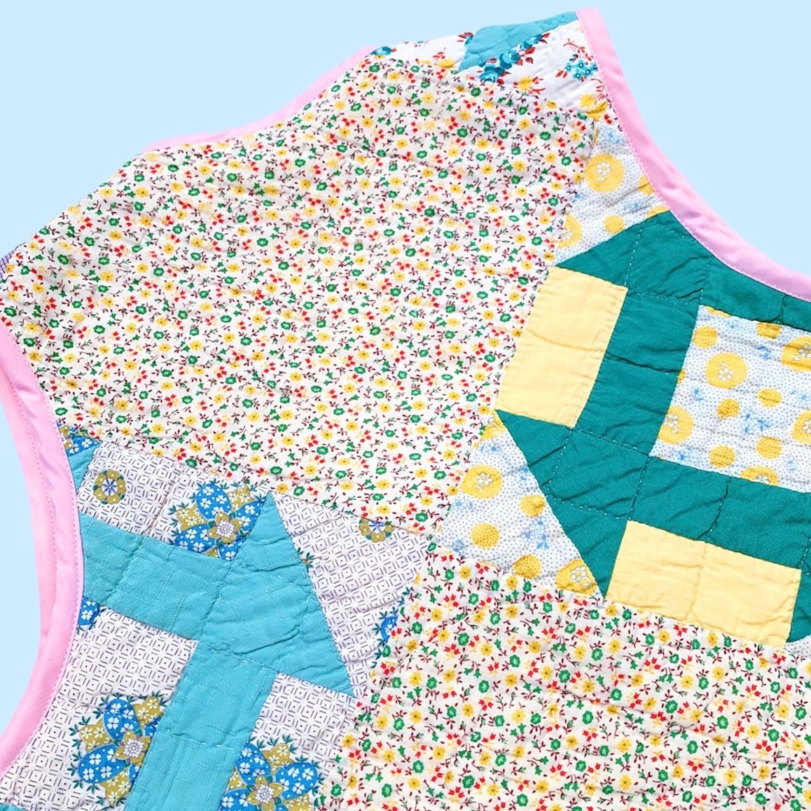 Cropped Front Tie Vest — Pink Yellow Green Upcycled Quilt Diamond