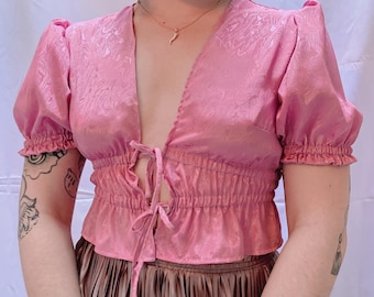 Puff Princess Sleeve Short Front Tie Plunge Neckline Date Night Blouse — Bubblegum Ripples Silk Satin Baby Pink Formal Fancy Cropped