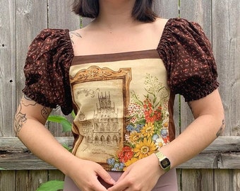 Puff Sleeve Tea Towel Top - Brown German Munster Floral Vintage Linen Frame Painting