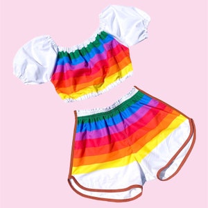 Crop Puff Sleeve Elastic Top Retro Jogger Shorts Two-Piece Set — Vintage 70s 80s Rainbow Pride LGBTQ Rave Parade Gay Unisex