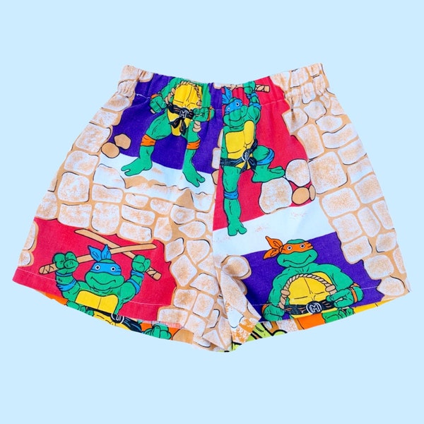 Handmade Vintage Elastic High-Rise Shorts — Fighting Turtles 80s Upcycled Fabric Bedsheets Nerdy Brick Video Game Nostalgia Nostalgiacore