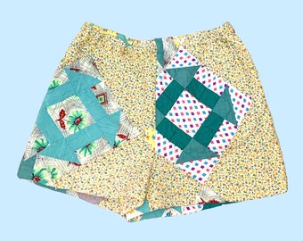 High Waisted Quilt Shorts Upcycled Handmade Elasticized — Patchwork Yellow White Green Pockets