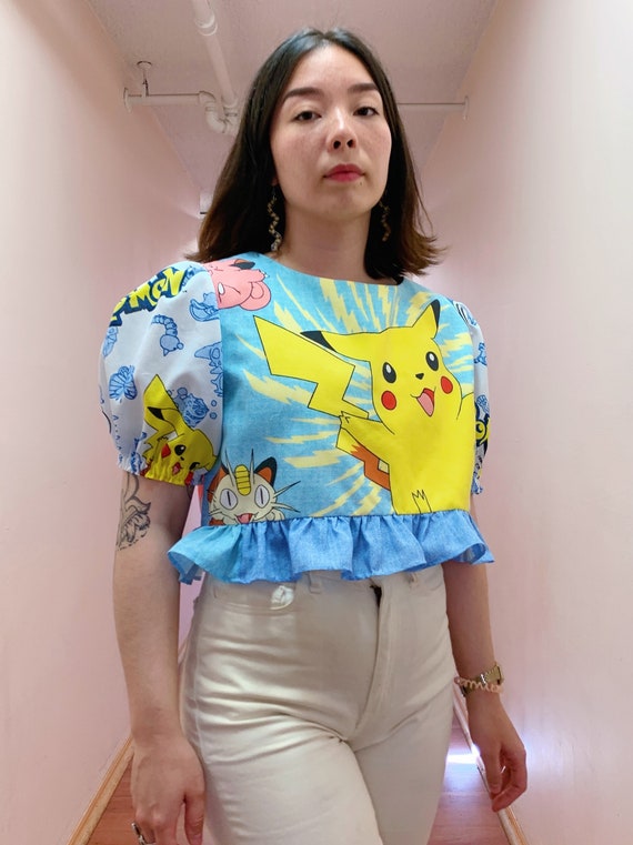 Puff Sleeve Crop Top Ruffle Hem Pok mon Pikachu Cute 90s 2000s Y2k