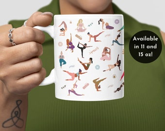 Tazza da yoga da 11 once, tazze da caffè Pilates, regalo per insegnanti di pilates/yoga, diverse donne di arte colorata, accessori da cucina, regali per bevitori di tè e caffeina