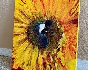 Sonnenblumen Portal | Original 16x20 Gemälde (handgemaltes feines Kunstwerk auf Keilrahmen, wunderschön, visionär, Inspiration, Vogel, Blume)