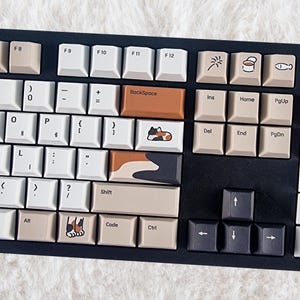 May include: A black and white keyboard with brown and white keycaps. The keycaps have various symbols and letters, including the letters F8 through F12, the symbols  '=', '+', '(', ')', '{', '}', '[', ']', ':', ';', '<', '>', '?', '/', and the letters 'P', 'H', 'L', 'I', 'Alt', 'Shift', 'Code', and 'Ctrl'. The keyboard also has a black and white cat design on the 'Shift' keycap.