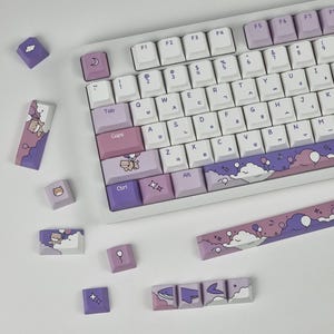139 Tasten Ballon Katze koreanische Tastenkappen Set, Kirsche, PBT, süße verträumte lila & rosa Hangul Tastenkappen für mechanische Tastatur