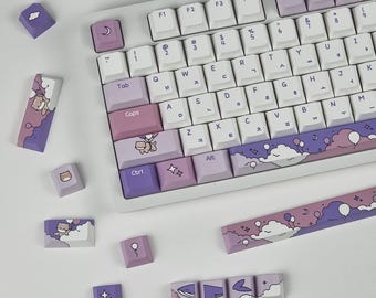 139 Keys Balloon Cat Korean Keycap Set, Cherry, PBT, Cute Dreamy Purple & Pink Hangul Keycaps for Mechanical Keyboard