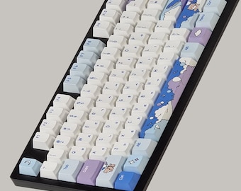 139 Keys Balloon Cat Korean Keycap Set, Cherry, PBT, Cute Dreamy Blue & Lavender Hangul Keycaps for Mechanical Keyboards