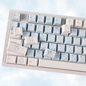 173 Keys Blue Bunny Korean Keycap Set, Cherry, PBT, Sketch Rabbit Hangul Keycaps Kor/Eng for Mechanical Keyboard